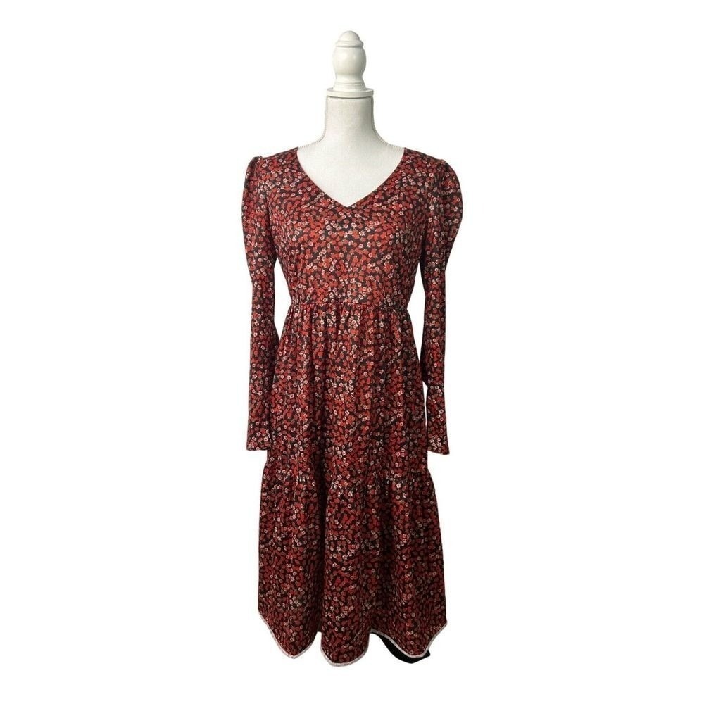 Brave Soul Floral Midi Dress Women's Medium V-Neck Long Sleeve Boho Tiered - Picture 2 of 8